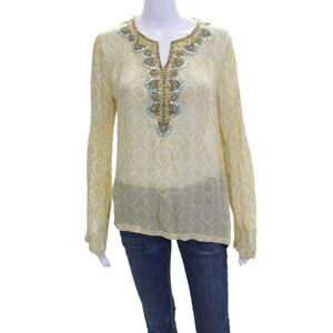 The J. Peterman Co. Women Tunic Blouse Yellow Paisley Rayon Long Sleeve Size 6